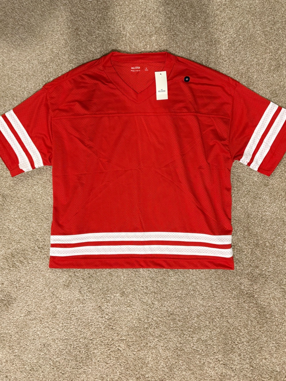 Hollister Red Mesh Athletic Jersey with White Stripes